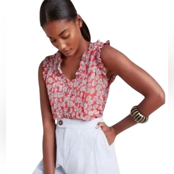 Maeve red floral ruffle trim button-up scoop neck tank top blouse size 4P - Picture 1 of 8